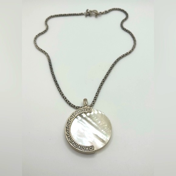 Vintage VTG Mother of Pearl MOP & Sterling Silver Necklace Disk Pendant